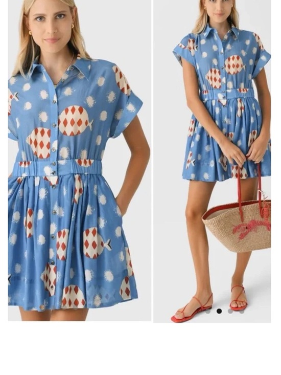 HUNTER BELL Dresses & Skirts - HUNTER BELL Blue Printed Short Sleeve Shirt Dress with Rust Accents